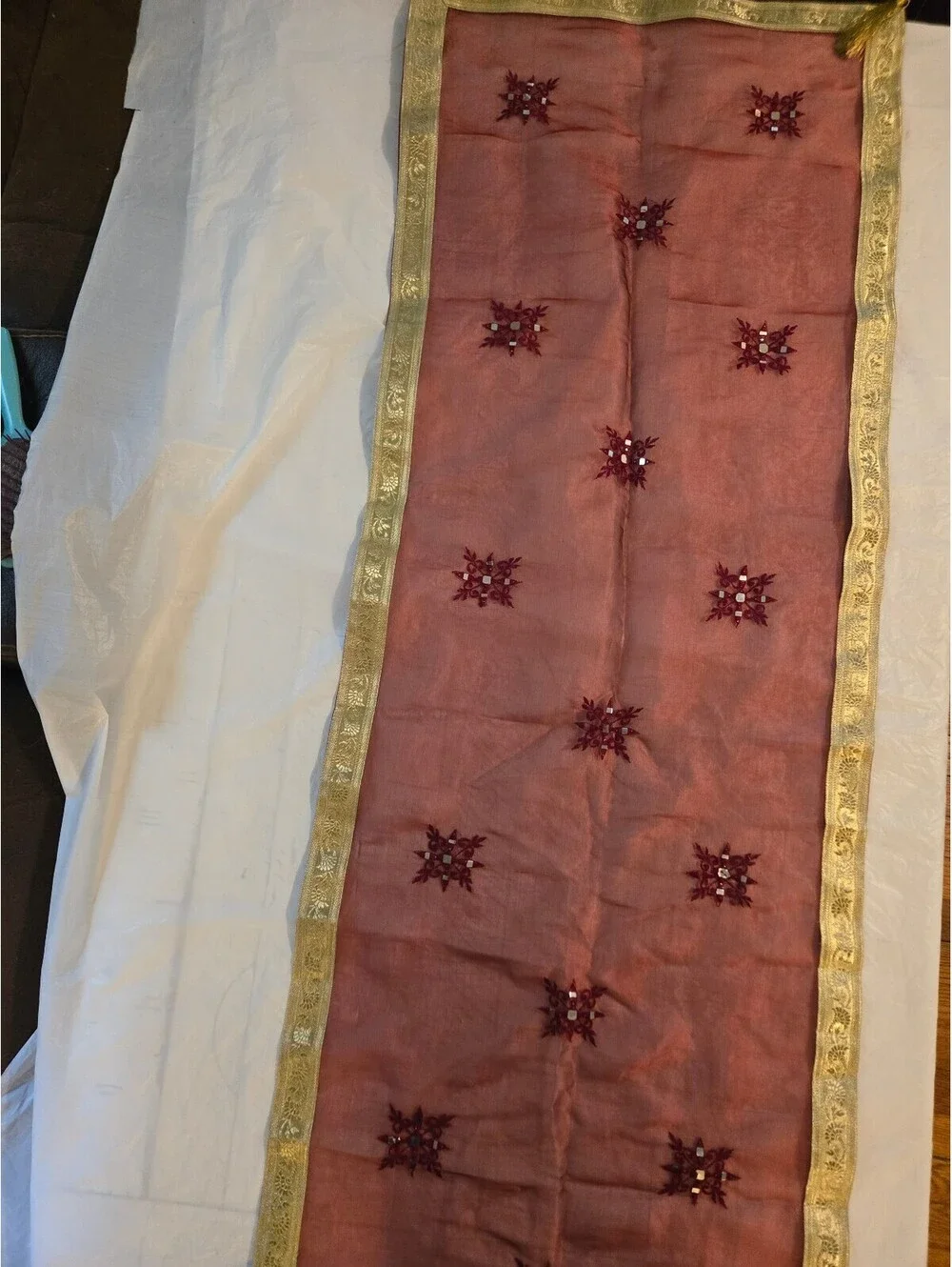 Unbranded Burgundy Sheer Table Runner Gold Trim Mirror Work Tassels 58